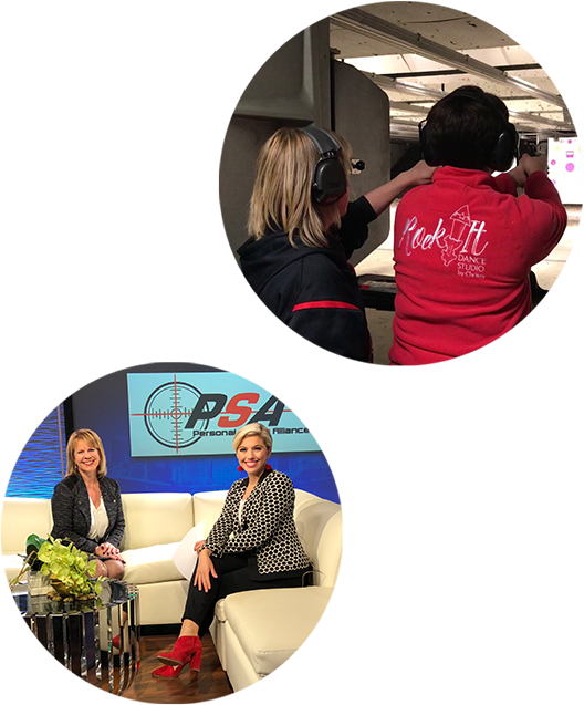 Top photo (shooting range):
"Women practicing firearm safety at indoor shooting range during personal defense training."

Bottom photo (talk show):
"Personal Safety Alliance interview on TV set discussing self-defense and empowerment strategies for women."